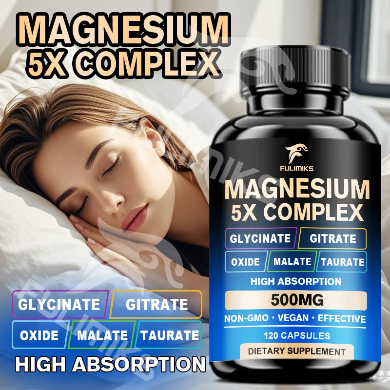Magnesium Pills Supplement - 5 in 1 Complex, Glycinate, Citrate, Malate, Taurate, Oxide - Stress, Muscle & Heart Support