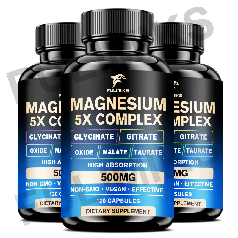 Magnesium Pills Supplement - 5 in 1 Complex, Glycinate, Citrate, Malate, Taurate, Oxide - Stress, Muscle & Heart Support