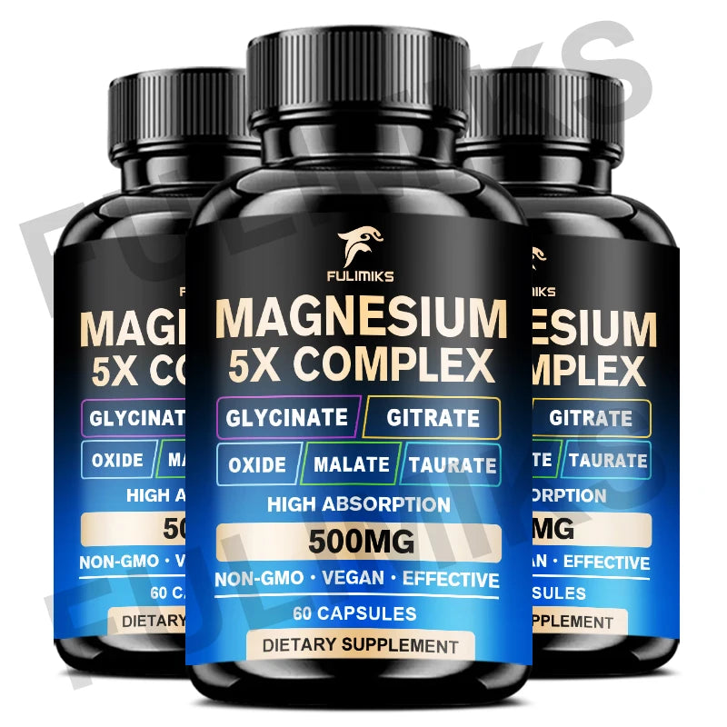 Magnesium Pills Supplement - 5 in 1 Complex, Glycinate, Citrate, Malate, Taurate, Oxide - Stress, Muscle & Heart Support